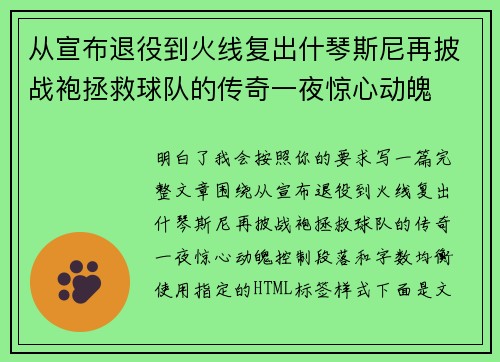 从宣布退役到火线复出什琴斯尼再披战袍拯救球队的传奇一夜惊心动魄